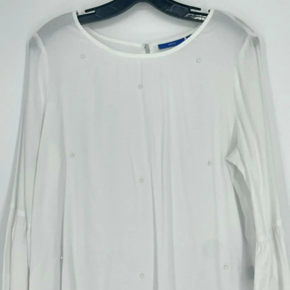 Apt. 9 Blouse Women's M White Round Neck Bell Long Sleeves High Low Hem Keyhole - Picture 4 of 8